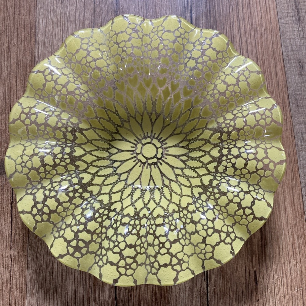 Sydenstricker Art Glass Bowl 7" Yellow Ruffled Edge MCM Trinket Dish Shallow